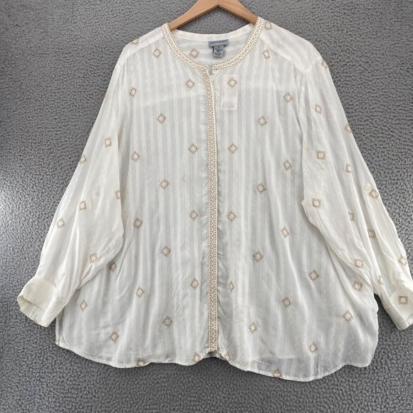 Catherines Top Womens 4X Plus White Gold Embroidered Long Sleeve Button Up NWT - Picture 1 of 11